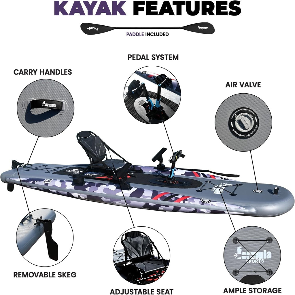Inflatable Fishing Kayak for Adults - 1 Person, Pedal Drive, Folding, with Movable Seat, Hand Pump & Paddle & Oxford Bag, 410Lbs Capacity